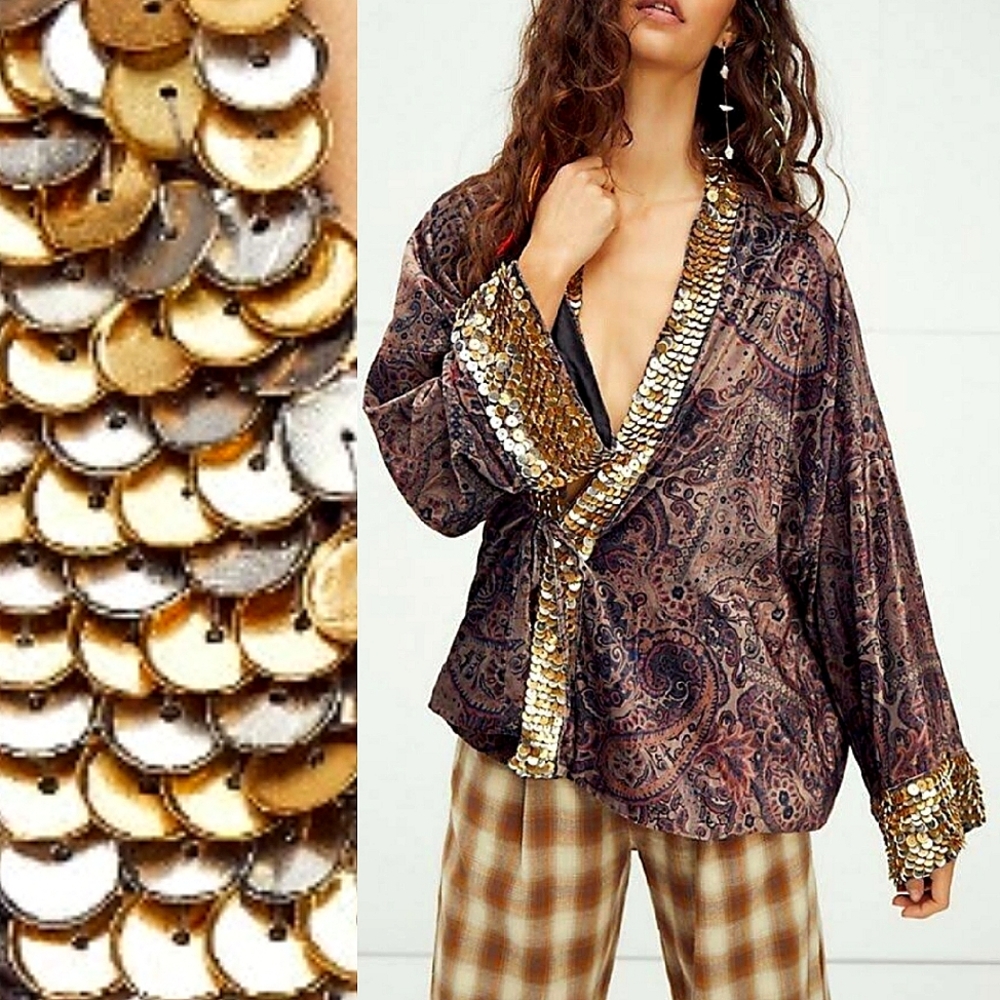 NWT🌹 Free People Layla Gold Embellished Velvet Silky Wrap Kimono Jacket, XS - Picture 5 of 12